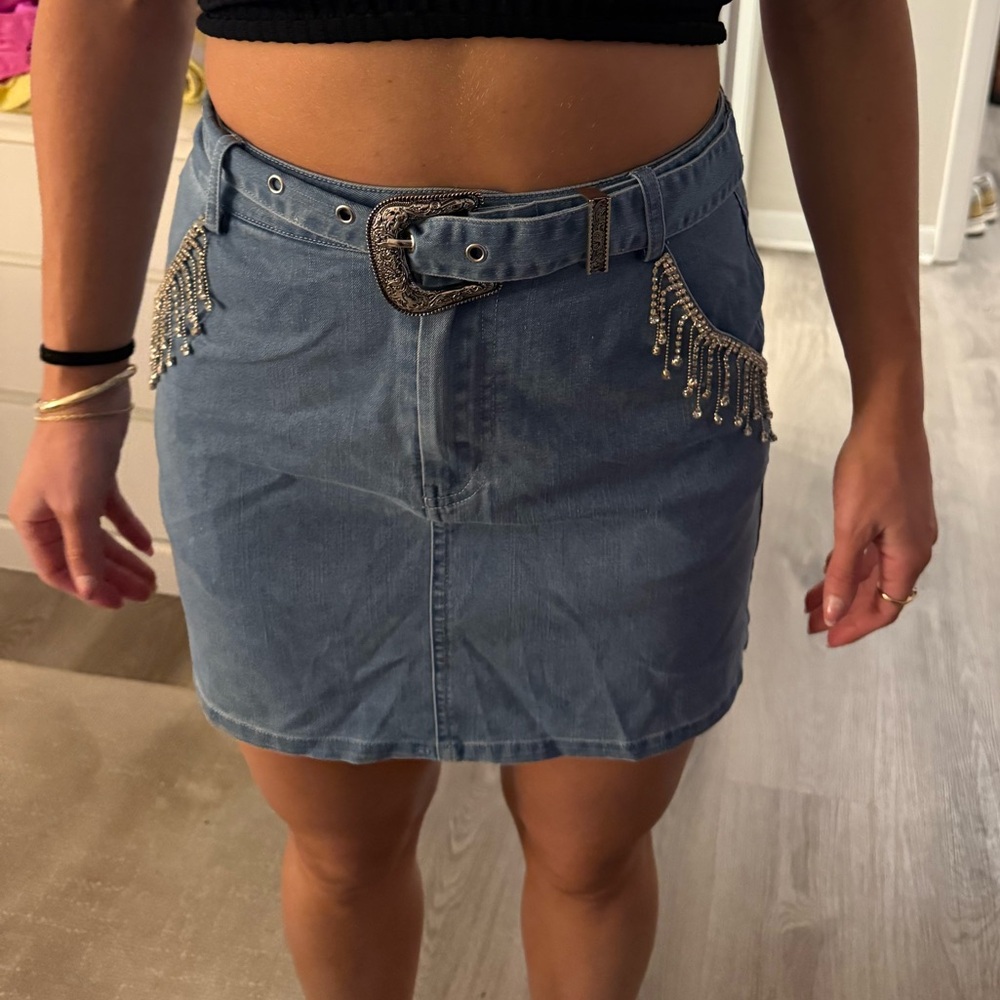 Blue Denim Mini Skirt with Silver Beaded Fringe and Buckle